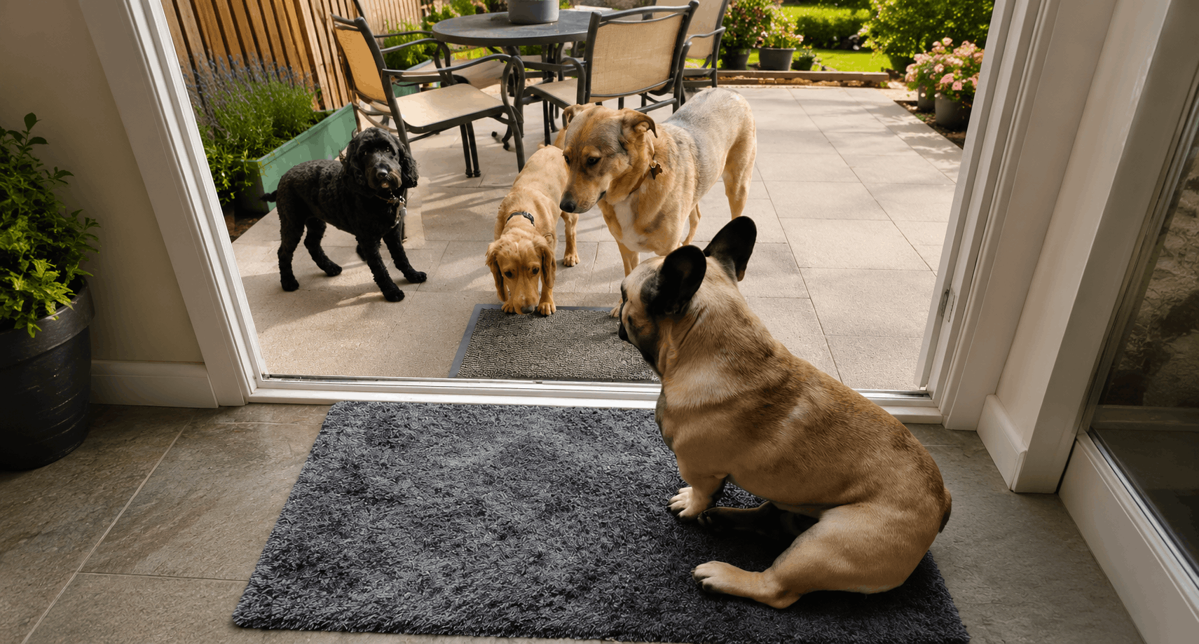 Dog receiving a home visit training session while calmly interacting with other dogs at a doorway.