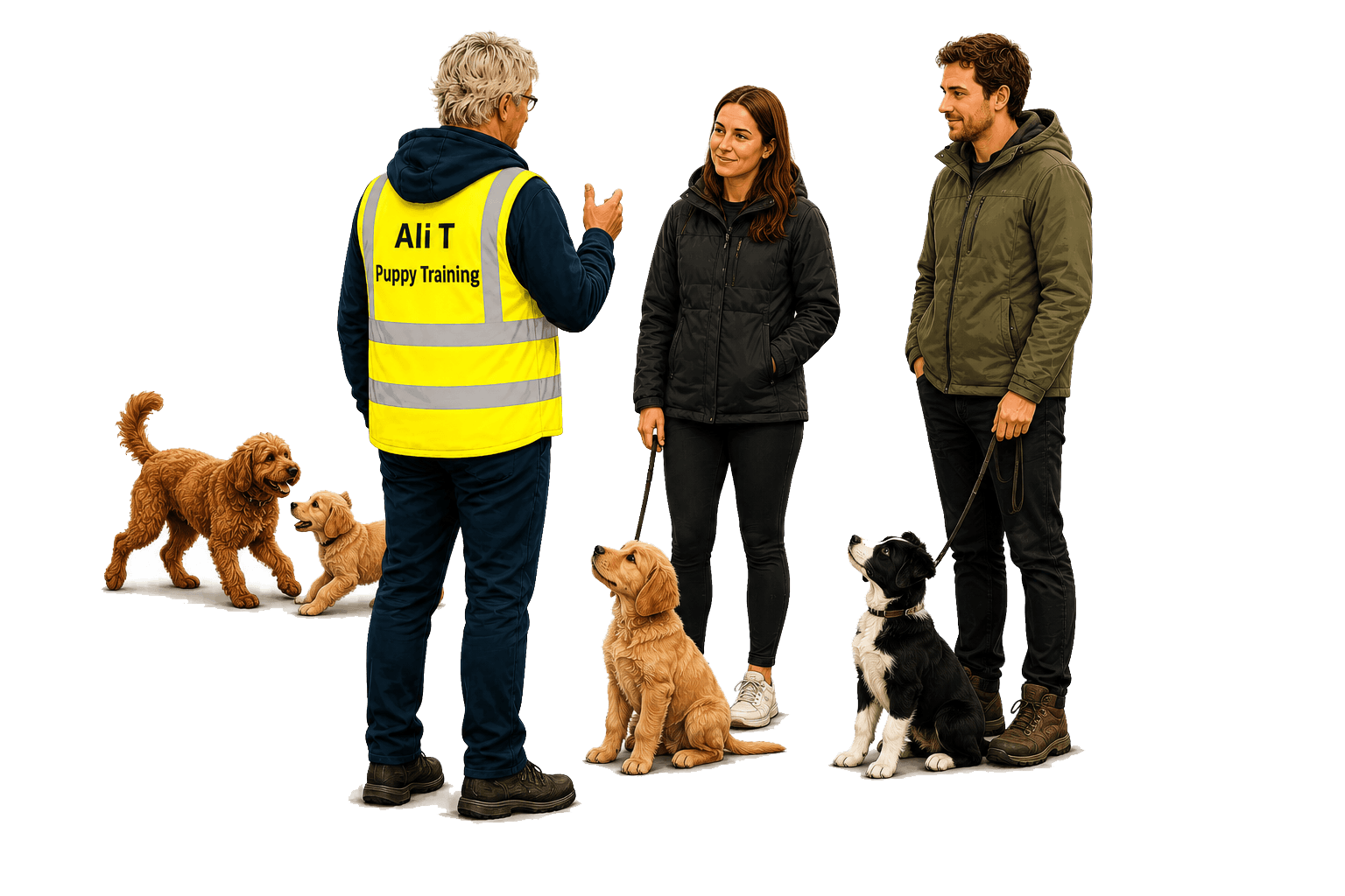 Ali T providing puppy training guidance to owners while puppies learn confidence, focus and positive behaviours around other dogs.